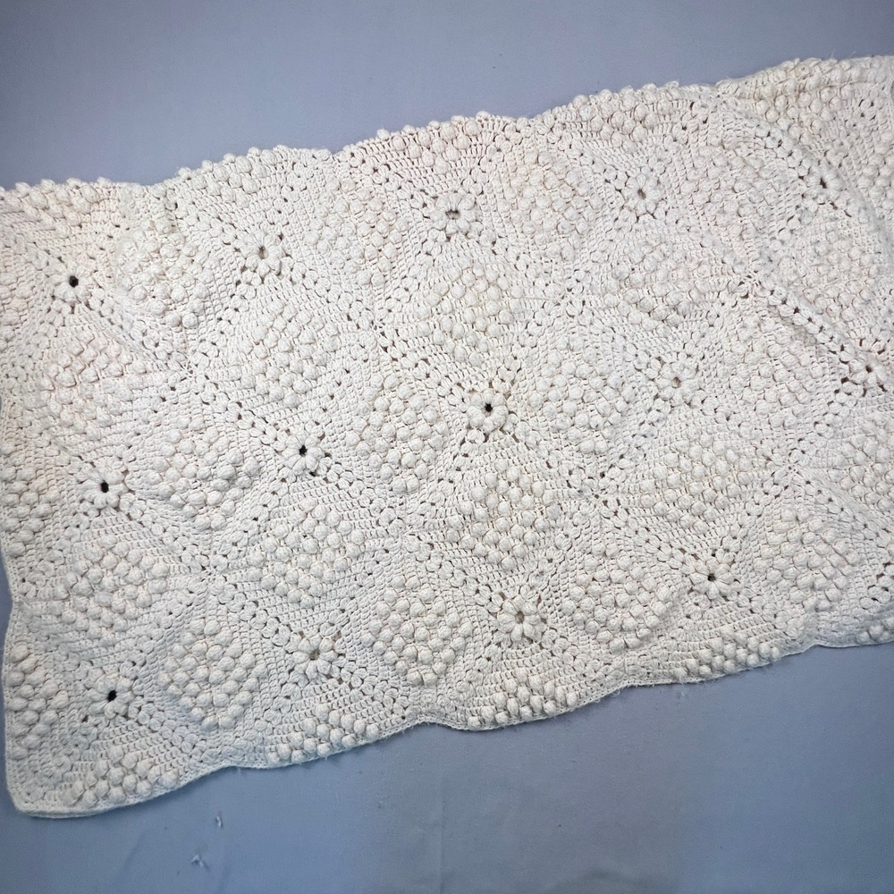 Handmade Crochet Popcorn Stitch Afghan Blanket 72x58 Cream Boho Farmhouse VTG